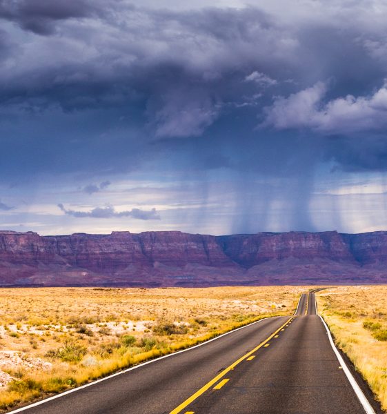 An intense rainstorm sweeps across wide-open Arizona lands.