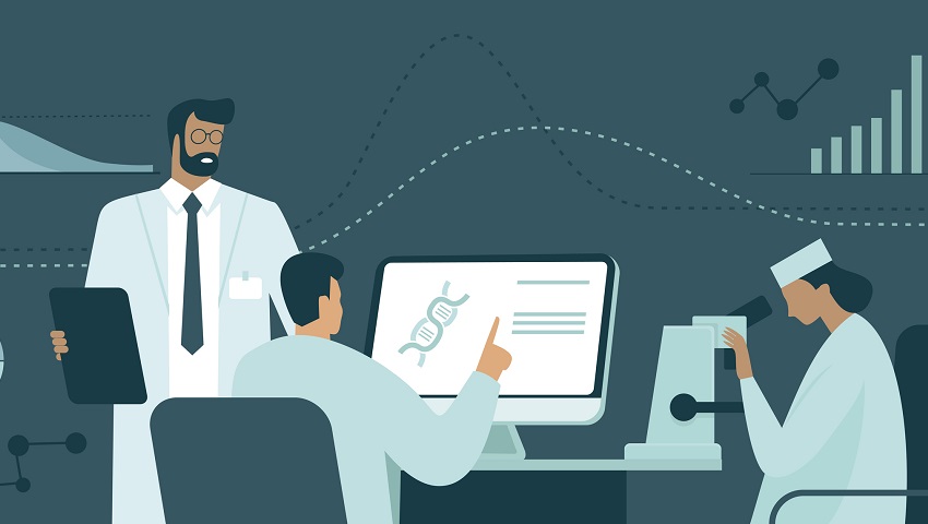 Coronavirus COVID-19 research Scientists in a laboratory. Assistant examines the sample with a microscope. Doctors characters. Medical team. Genetic Engineering, Health and medicine concept. Flatten the curve. Flat vector illustration.