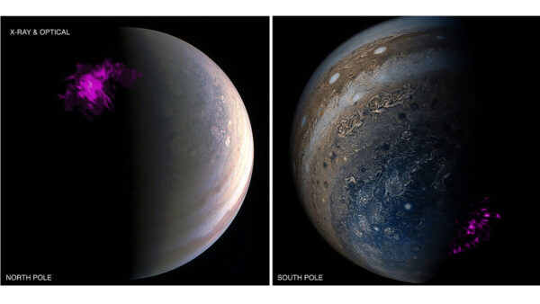 Two side-by-side images of Jupiter one showing an aurora at the south pole, the other at the north.