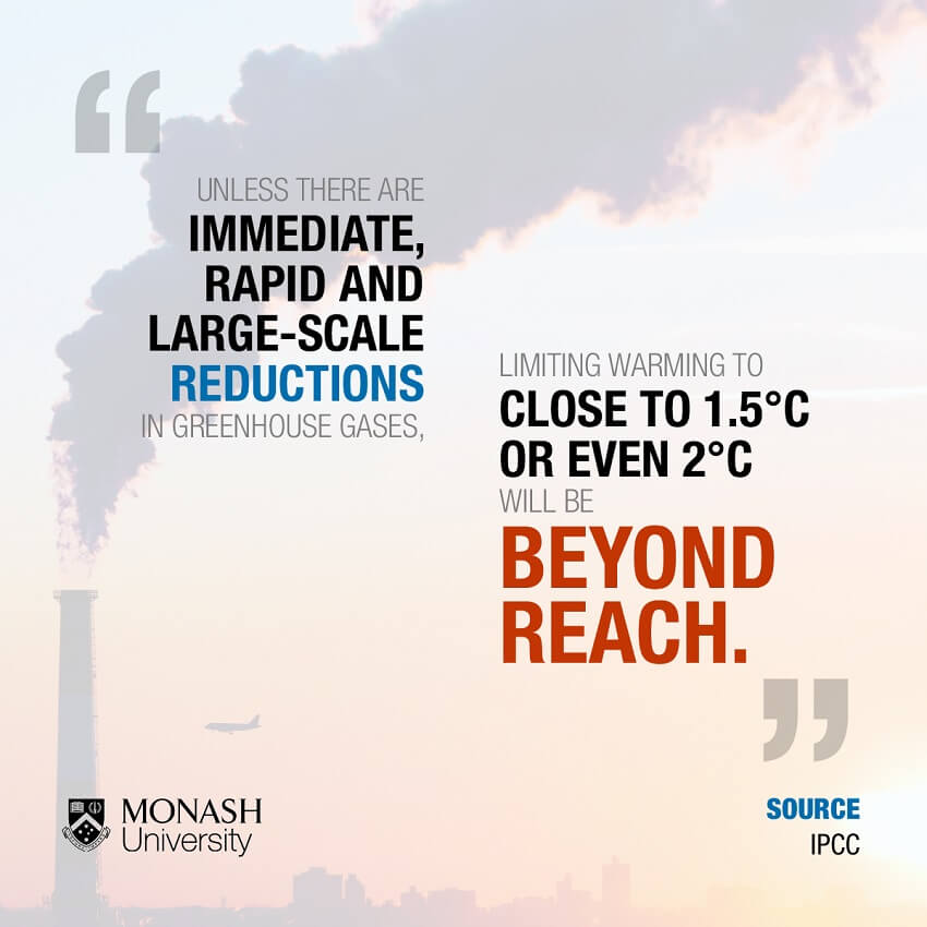 Text reads: "Unless there are immediate, rapid and large-scale reductions in greenhouse gases, limiting warming to close to 1.5 degrees Celsius or even 2 degrees Celsuis will be beyond reach."