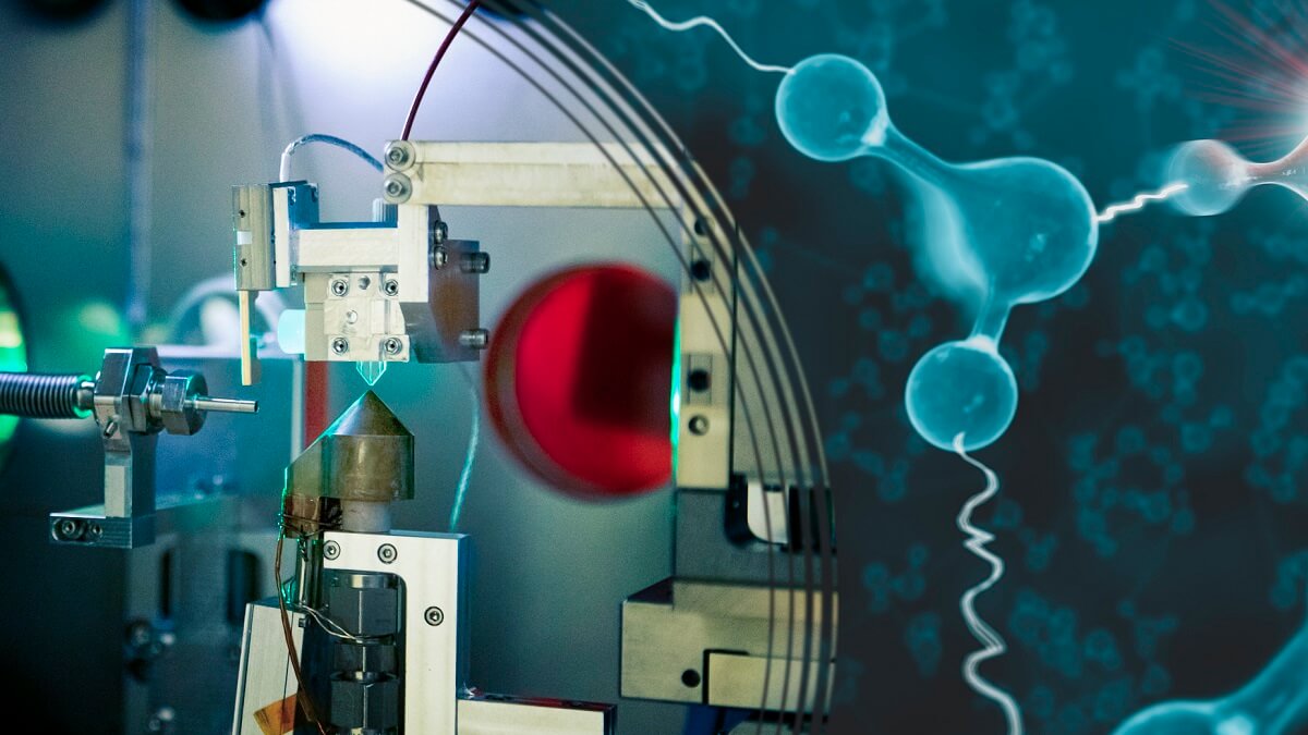 Composite image showing lab equipment on one side and molecules on the other