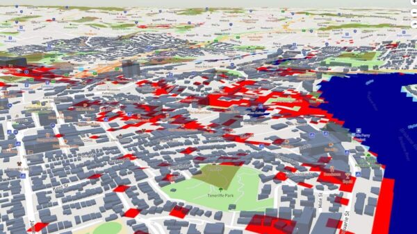 3D map of brisbane with flood affected areas highlighted