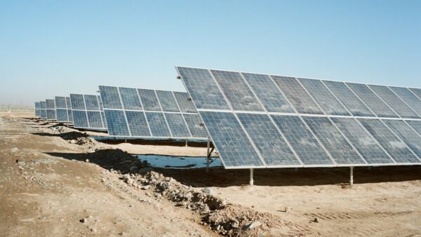 Cleaning solar panels. Dusty solar panels in the desert