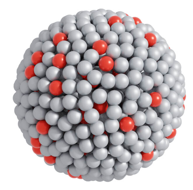 ball made of red and silver spheres, more silver than red, none of the red spheres are touching