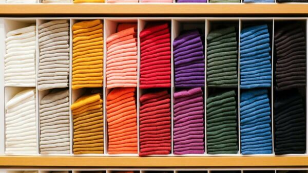 stacks of coloured clothes on shelves, symbolising fashion and technology