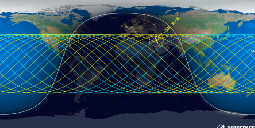 A map of the world with predicted re-entry ground tracks for the Long March 5B-Y3 rocket core.