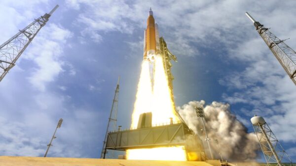 A concept image of the blast off of the Artemis Space Launch System.