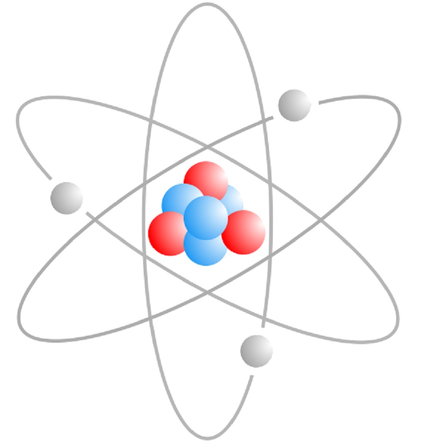 lithium atom drawing: four blue balls and three red balls bunched together in the centre, with three grey balls orbiting around the outside