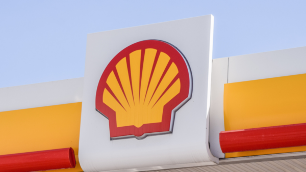 A petrol station, with a close up of the Shell logo