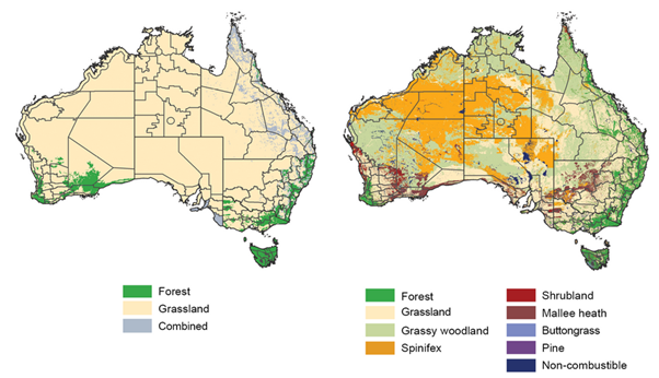 Two maps of Australia showing the transition from two to eight types of vegetation fuel models for bushfire danger ratings.