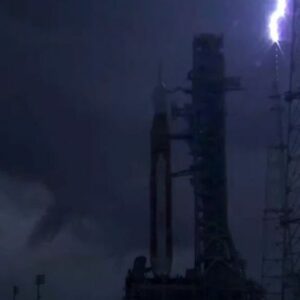 Lightning strikes a tower, missing Artemis 1 at Launch Pad 39B