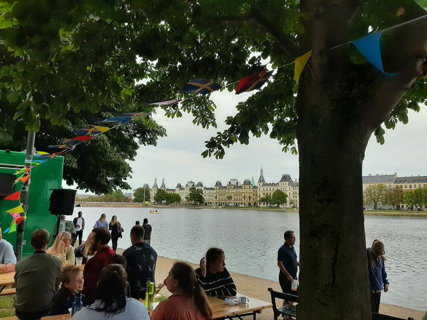 urban trees in front of a river and a palace in copenhagen, people sitting and eating in the foreground