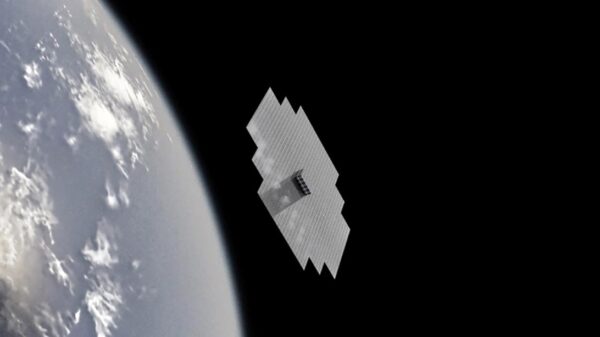 Illustration of a huge irregular shaped satellite floating above Earth