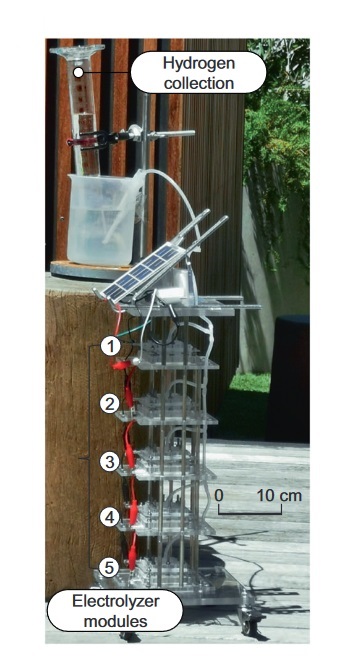 photo of air hydrogen electrolyser stand: stand with five plastic platforms about 50 cm high, solar panel mounted on top, and top connected to a beaker labelled 'hydrogen collection'