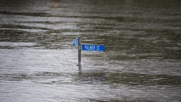 A street sign saying Palmer St with only a foot or so above the water. Everything else is underwater