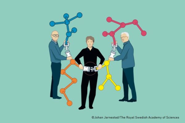 drawing of three nobel prize in chemistry laureates holding giant molecules that are clicking together with seatbelts