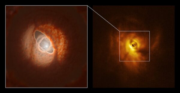 Images of GW Orionis. Left: an artistic impression of the inner region of the disc. Right: an image taken by the SPHERE instrument on ESO's Very Large Telescope showing the shadow a misaligned ring casts on the rest of the disc