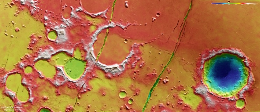 coloured top-down view of martian craters