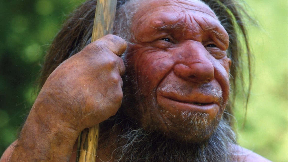 neanderthal-reconstruction-old-man-smiling-holding-spear