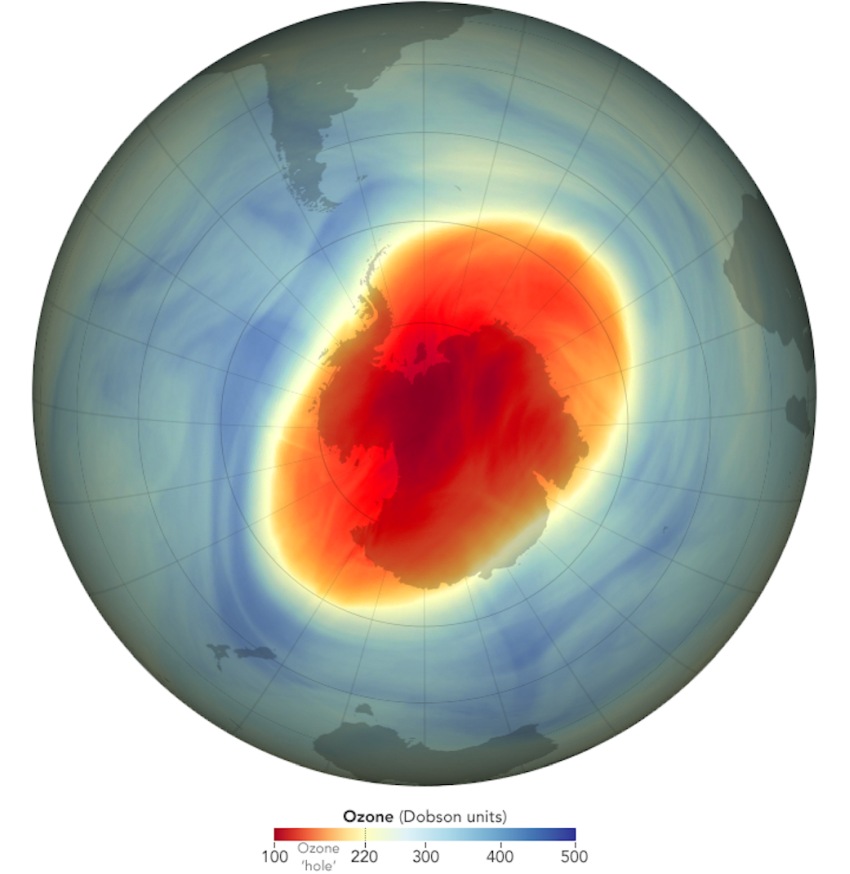 This map shows the size and shape of the ozone hole over the South Pole on O