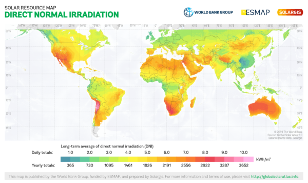 World map showing amount of solar energy received by global location