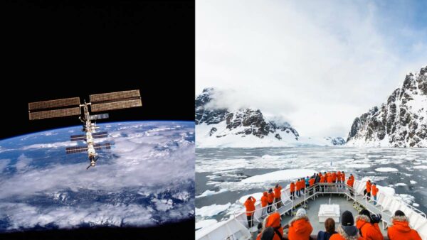 International Space Station (ISS) versus Antarctica: view of ISS on left, Antarctica on right