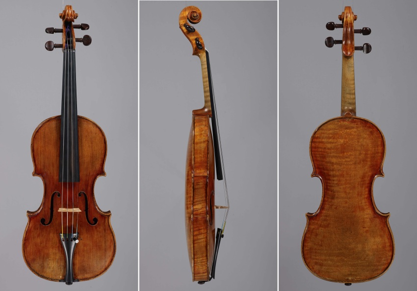 three views of a violin front, side and back, the violin made the best objective combination tones