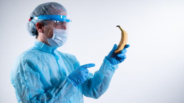 scientist examining a banana