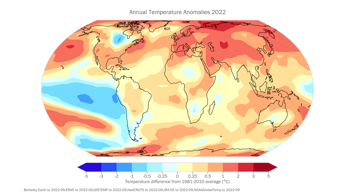 A heat map of the world. Most areas are red (meaning above average)apart from the ocean between South American and Asia