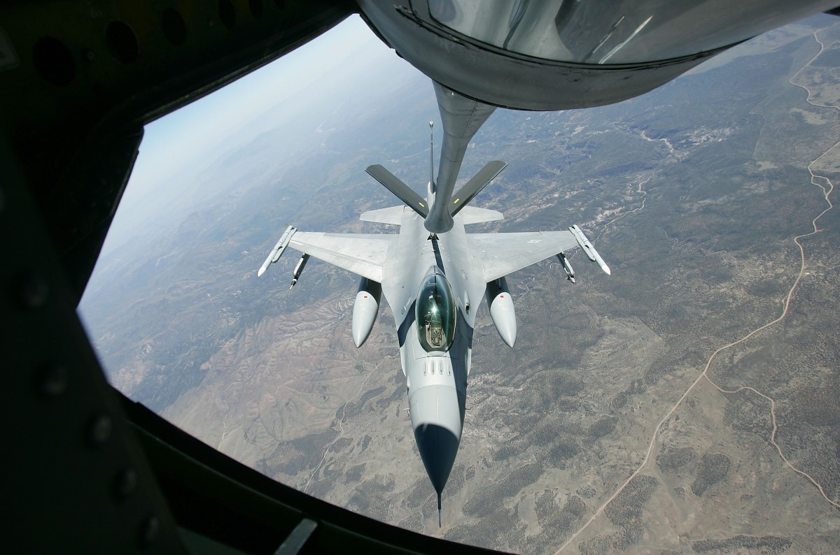 Mid air refuelling of fighter jet.