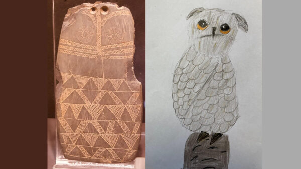 owl plaque and child's drawing of owl, both have similar features