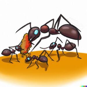 Illustration of larger ant feeding smaller ants food