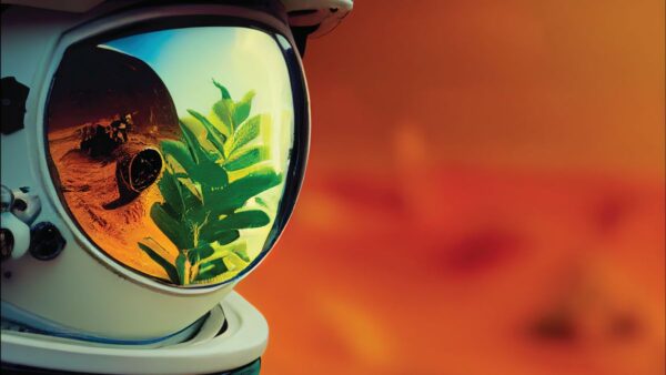 Plants reflect in the helmet visor of an astronaut on Mars