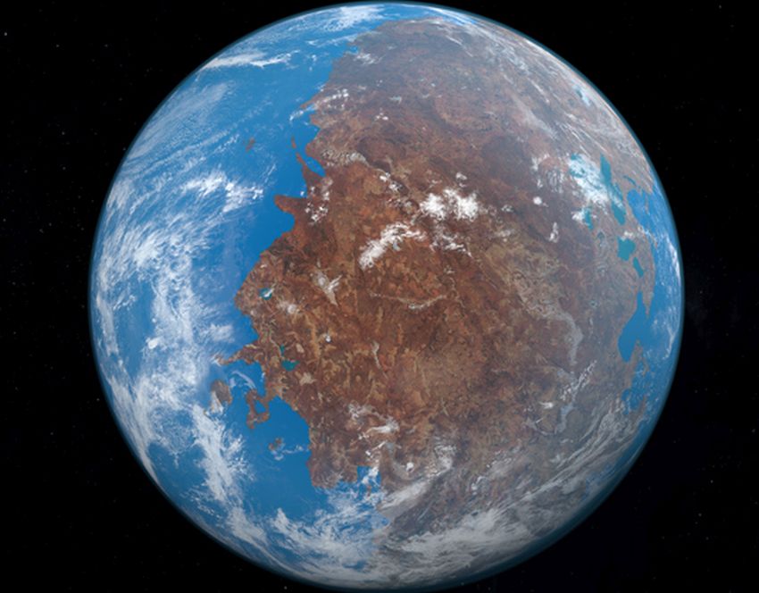 Artist's impression of ancient supercontinent, Pangaea, showing all continents clustered together in a wide strip of land stretching from North to South Pole