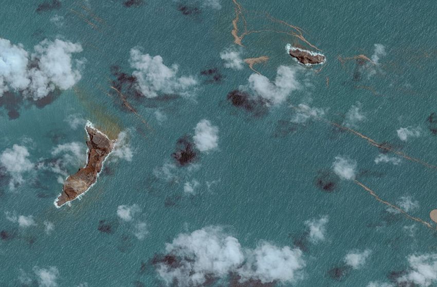 Aerial view of Hunga Tonga-Hunga Ha'apai on January 17, 2022 - after the volcanic eruption