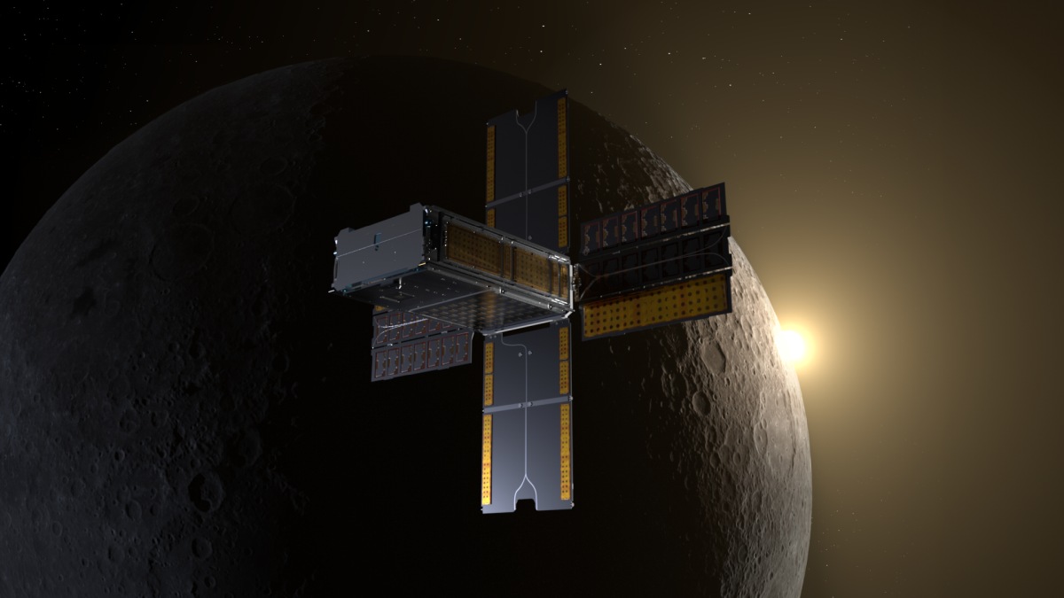 Illustration of BioSentinel’s spacecraft flying past the Moon.