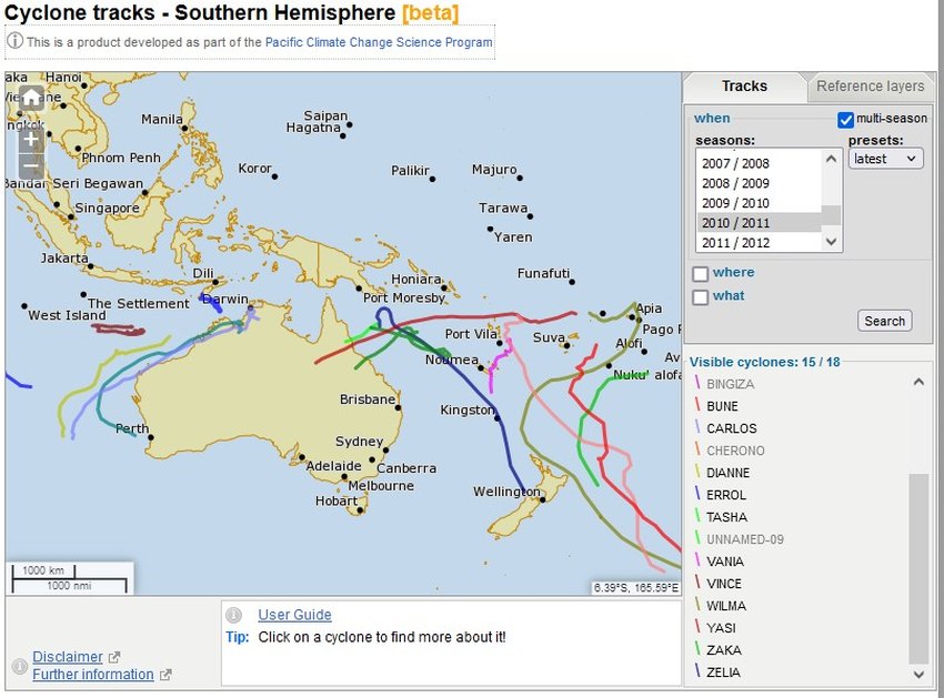 screenshot of Bureau of Meteorology's cyclone tracker, showing paths of cyclones across Australia