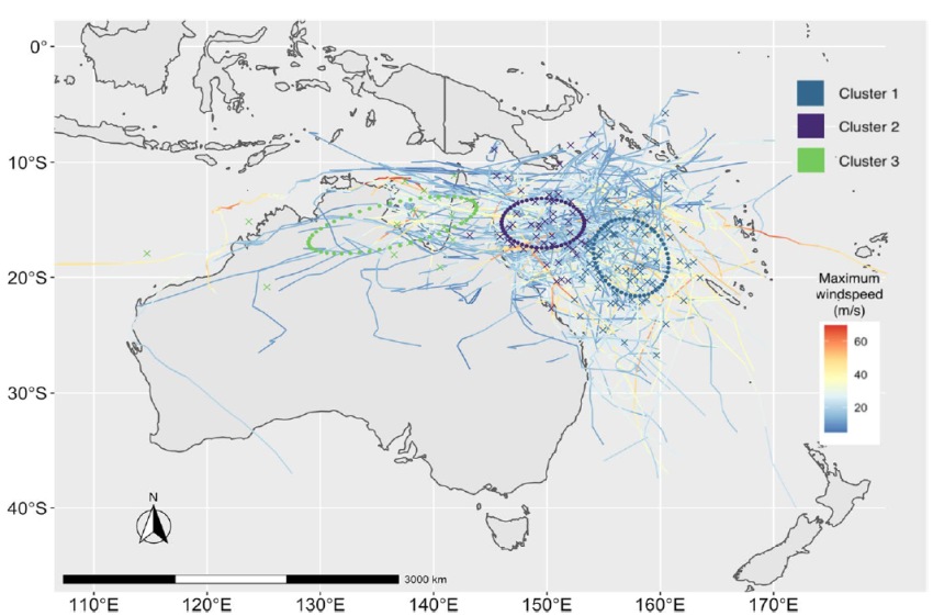 map of australia with cyclone paths marked out on northeast coast
