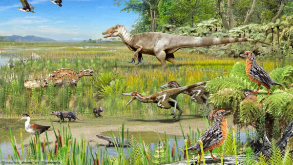 artist-impression-dinosaurs-of-patagonia-feathered-in-foreground-large-megaraptor-in-background-birds-flying-top-left-fluvial-floodplain-delta