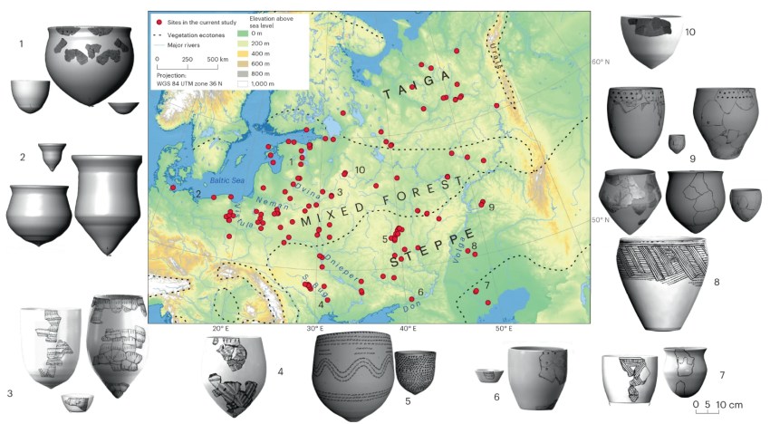 Graphic of the study area, site locations, and examples of reconstructed forms for the pottery styles included in this study.