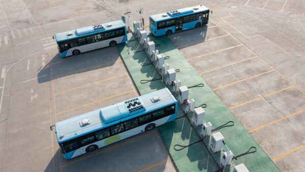 electric buses at charging station