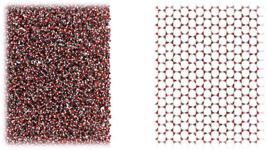 New form of ice very similar in molecular structure to liquid water left compared to ordinary crystalline ice. Credit University of Cambridge 850