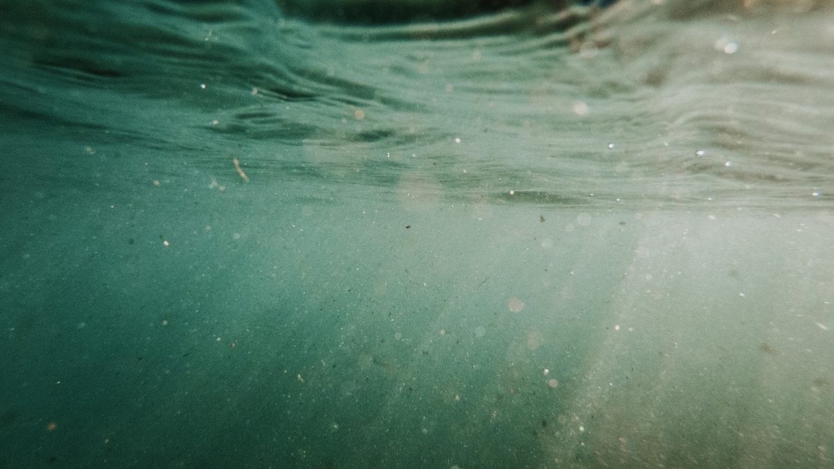 microplastics suspended in water with sunlight coming through