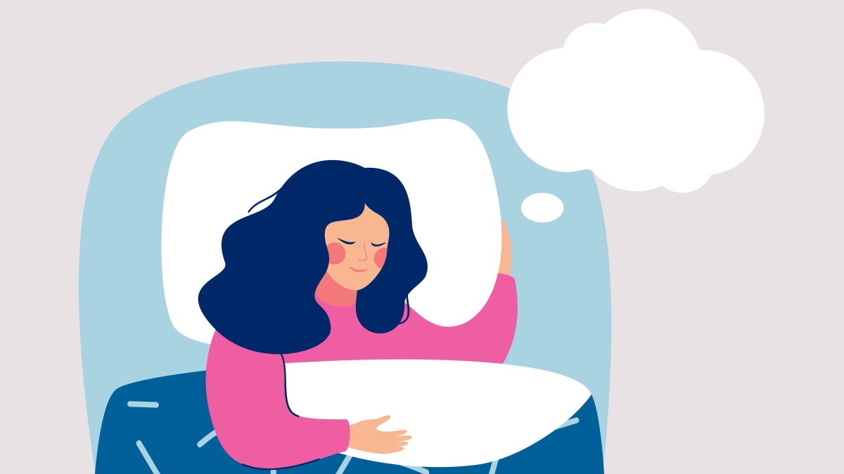 cartoon of woman sleeping with thought bubble