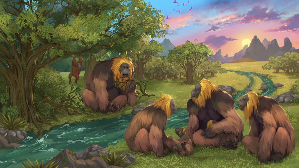 painting of giant gorillas in landscape