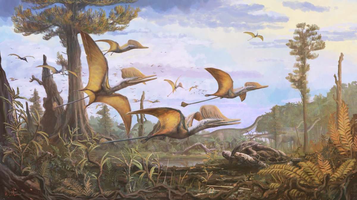 pterosaurs flying through jungle